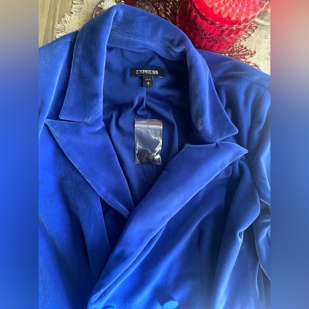 EXPRESS Blue Velvet Double Breasted Button Blazer Jacket Mini Dress Sz Small NEW - Picture 9 of 15